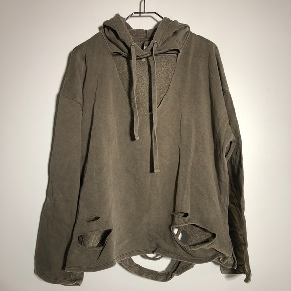 Distressed Mono B Olive Grey Taupe 100% Cotton One Size Oversize Hoodie Sweater - Picture 3 of 13